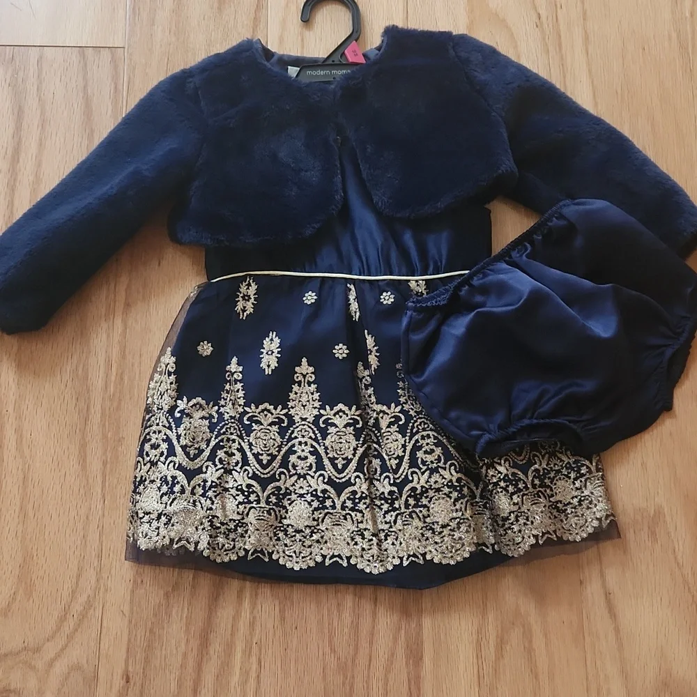 Rare Editions Navy and Gold Dress with Plush Shrug Diaper Cover Panty 24 Months